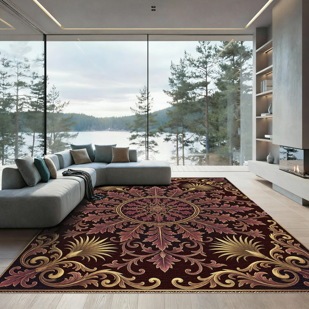 Ornate Crimson Gold Scrollwork Rug
