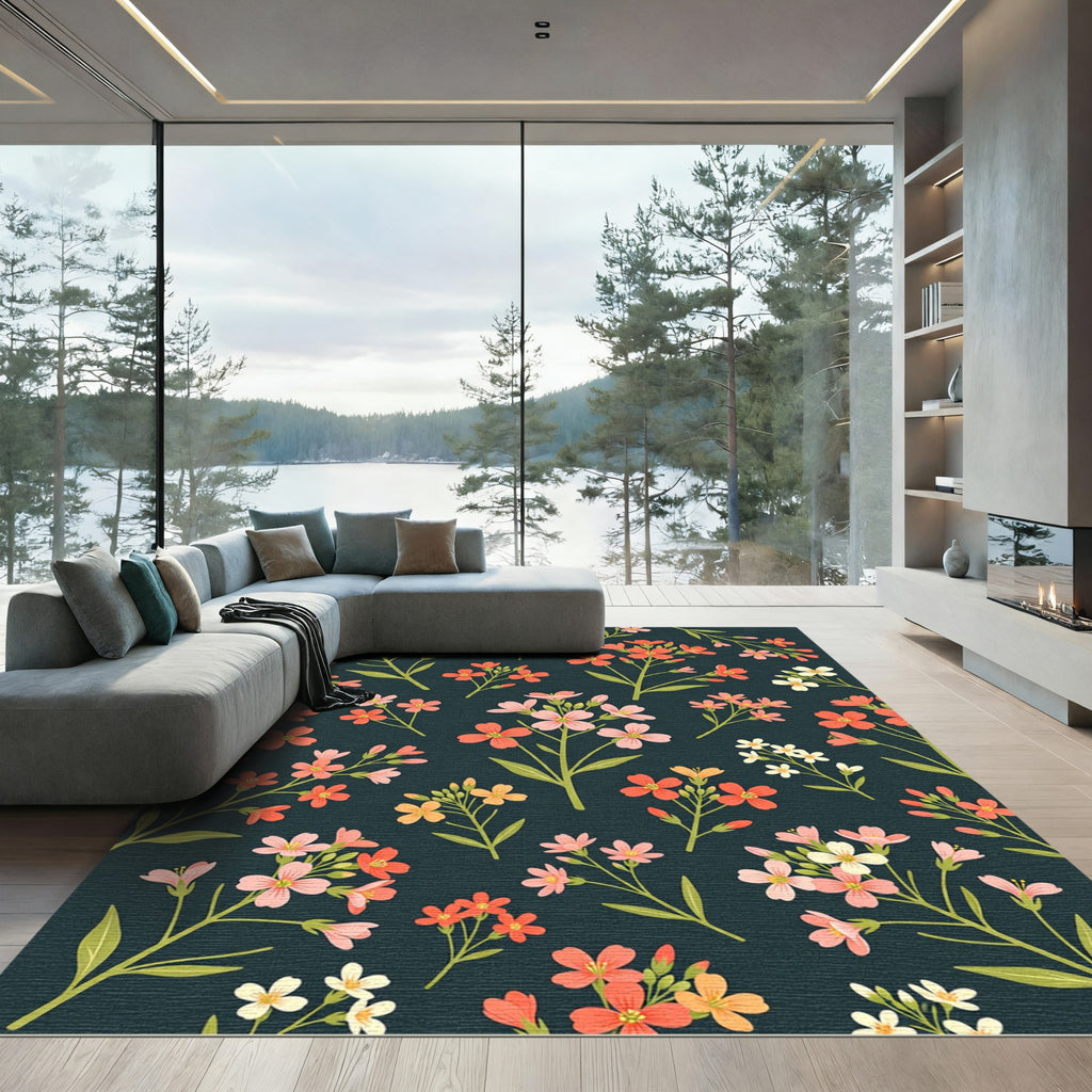 Coral Pink White Floral Branches Rug