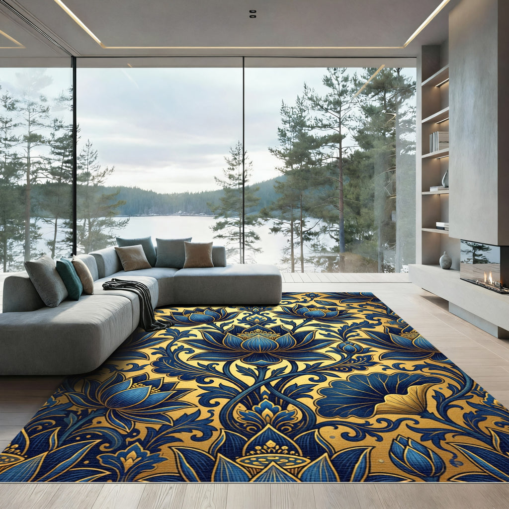 Royal Blue Lotus Gold Floral Art Rug