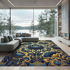 Royal Blue Lotus Gold Floral Art Rug