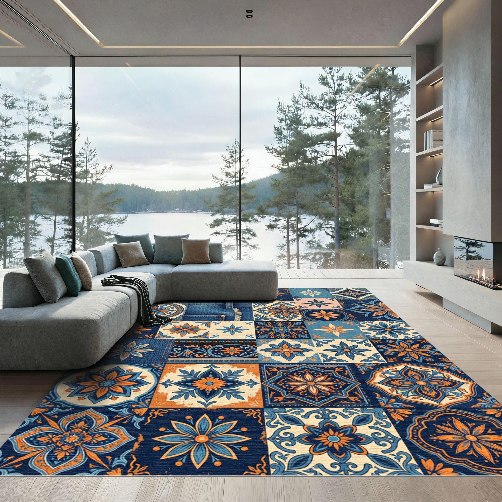 Blue and Orange Floral Tile Mosaic Rug