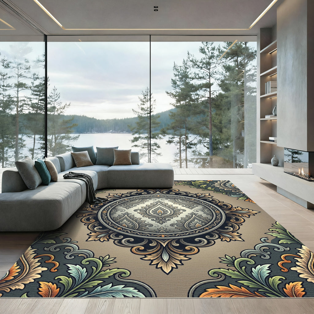 Antique Gold Green Floral Medallion Rug