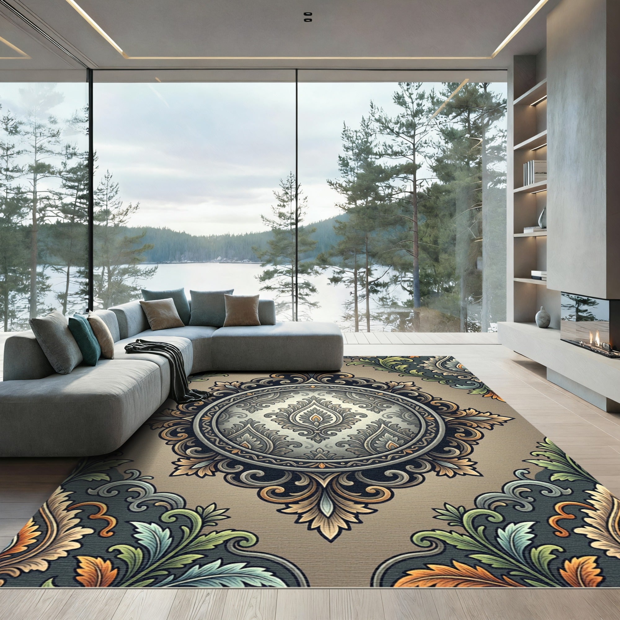 Antique Gold Green Floral Medallion Rug