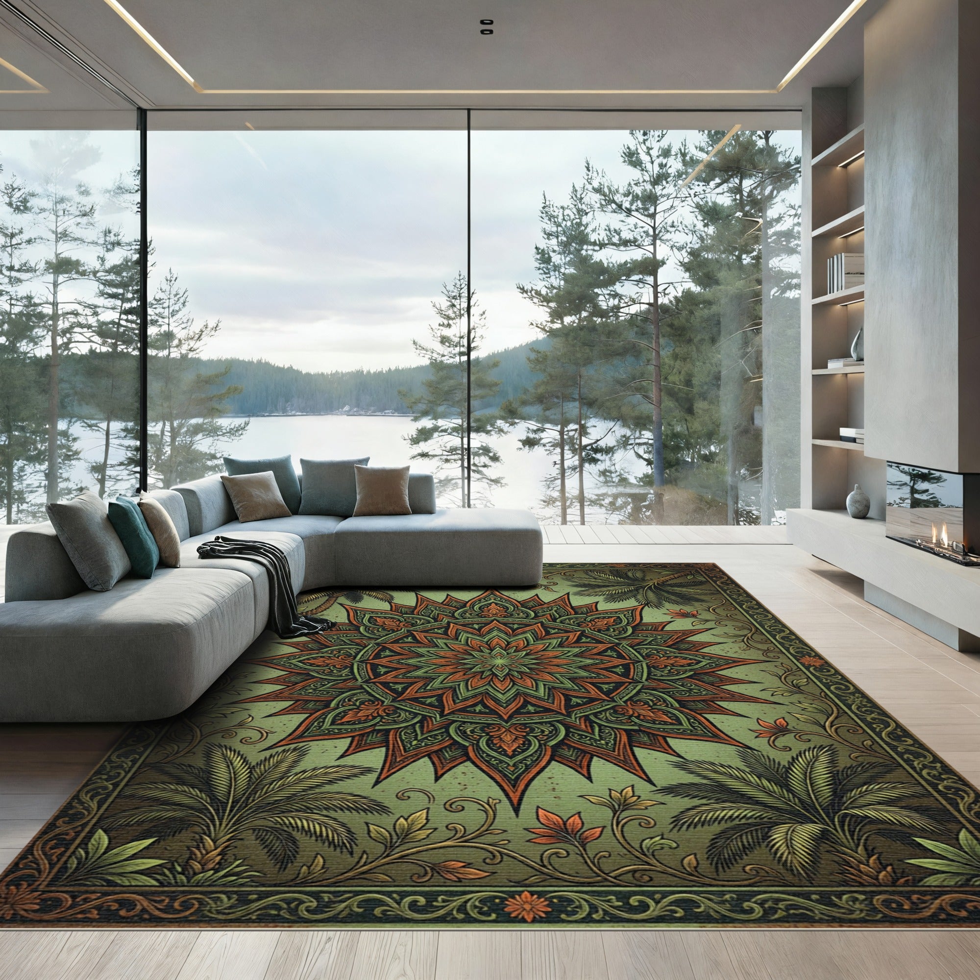 Ornate Sage Olive Tropical Medallion Rug