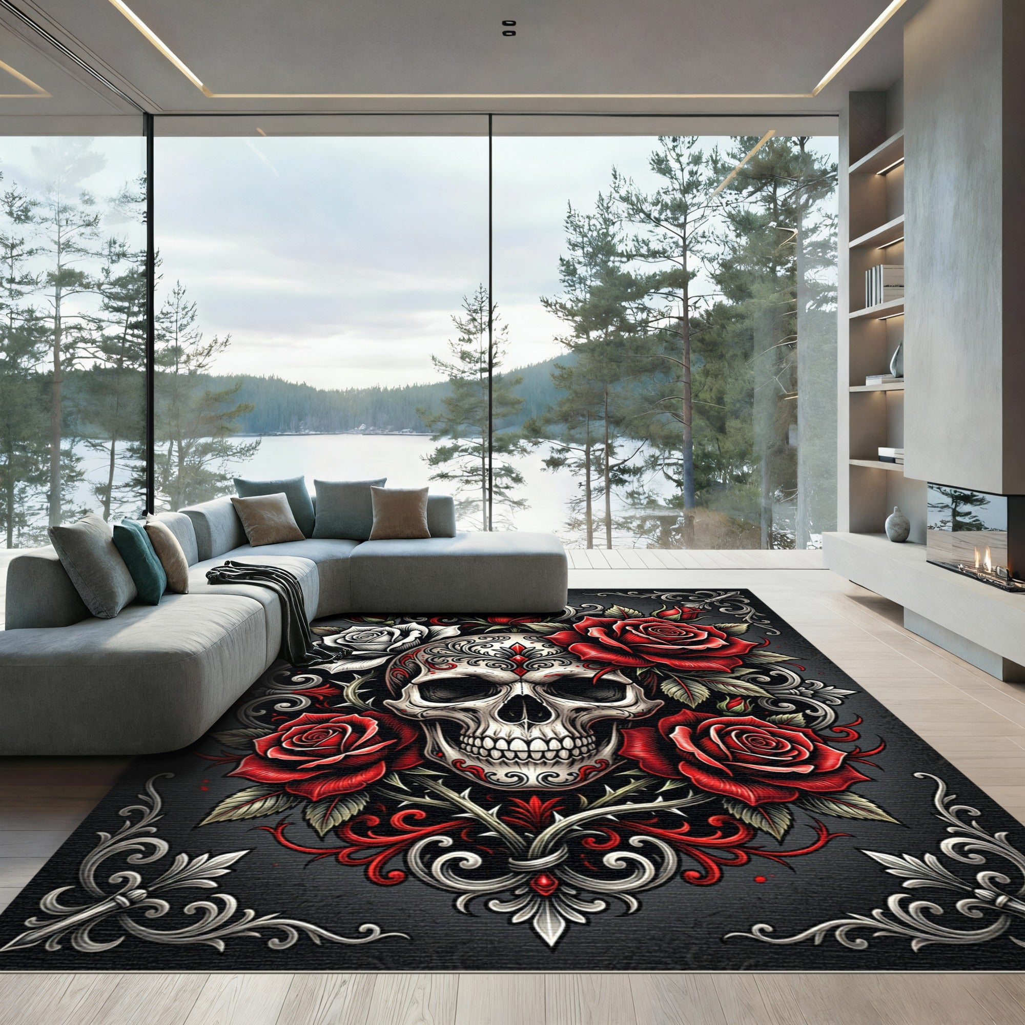Gothic Skull with Red Roses Ornament Rug