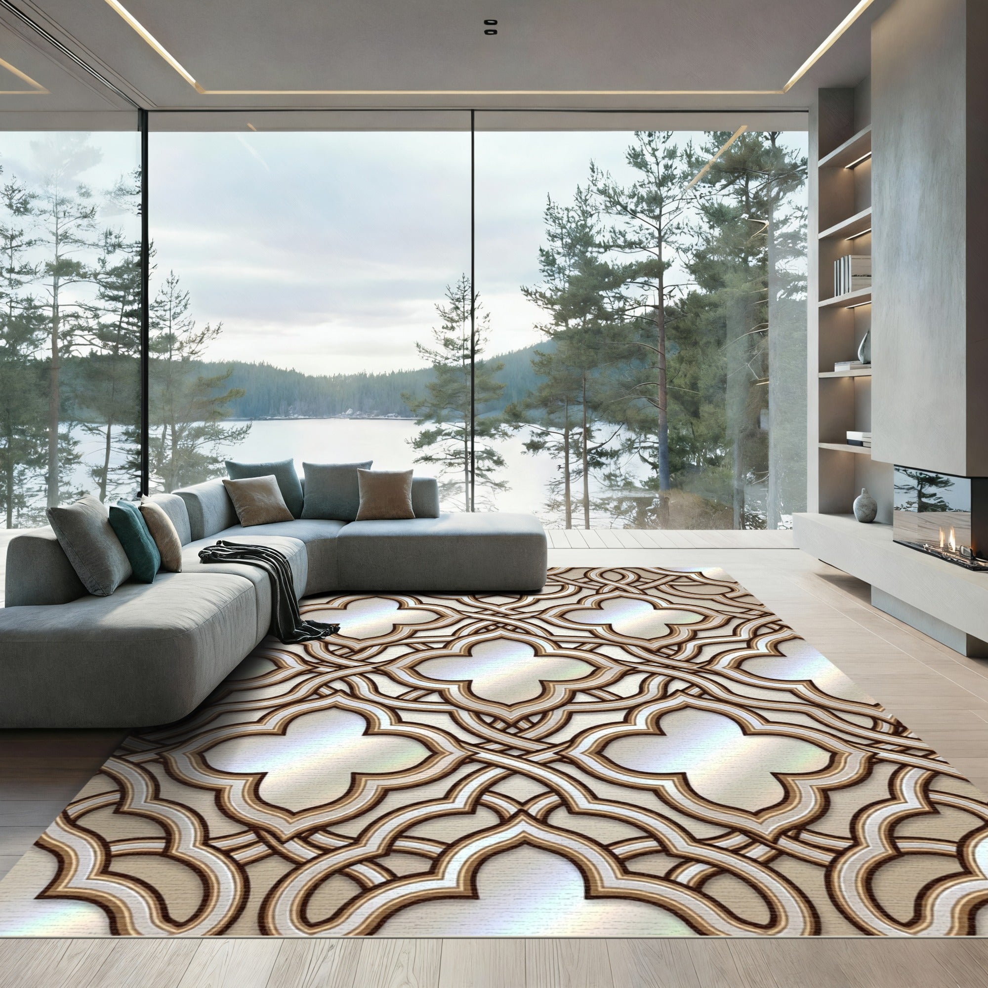 Elegant Gold Interlocking Quatrefoil Rug