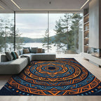 Bold Navy and Orange Geometric Mandala Rug