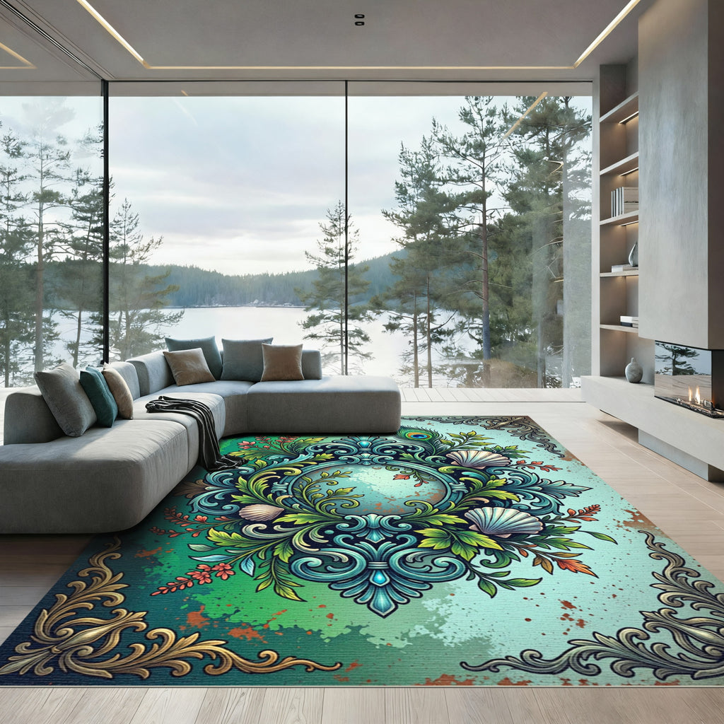 Vibrant Emerald Peacock Seashell Scrollwork Rug