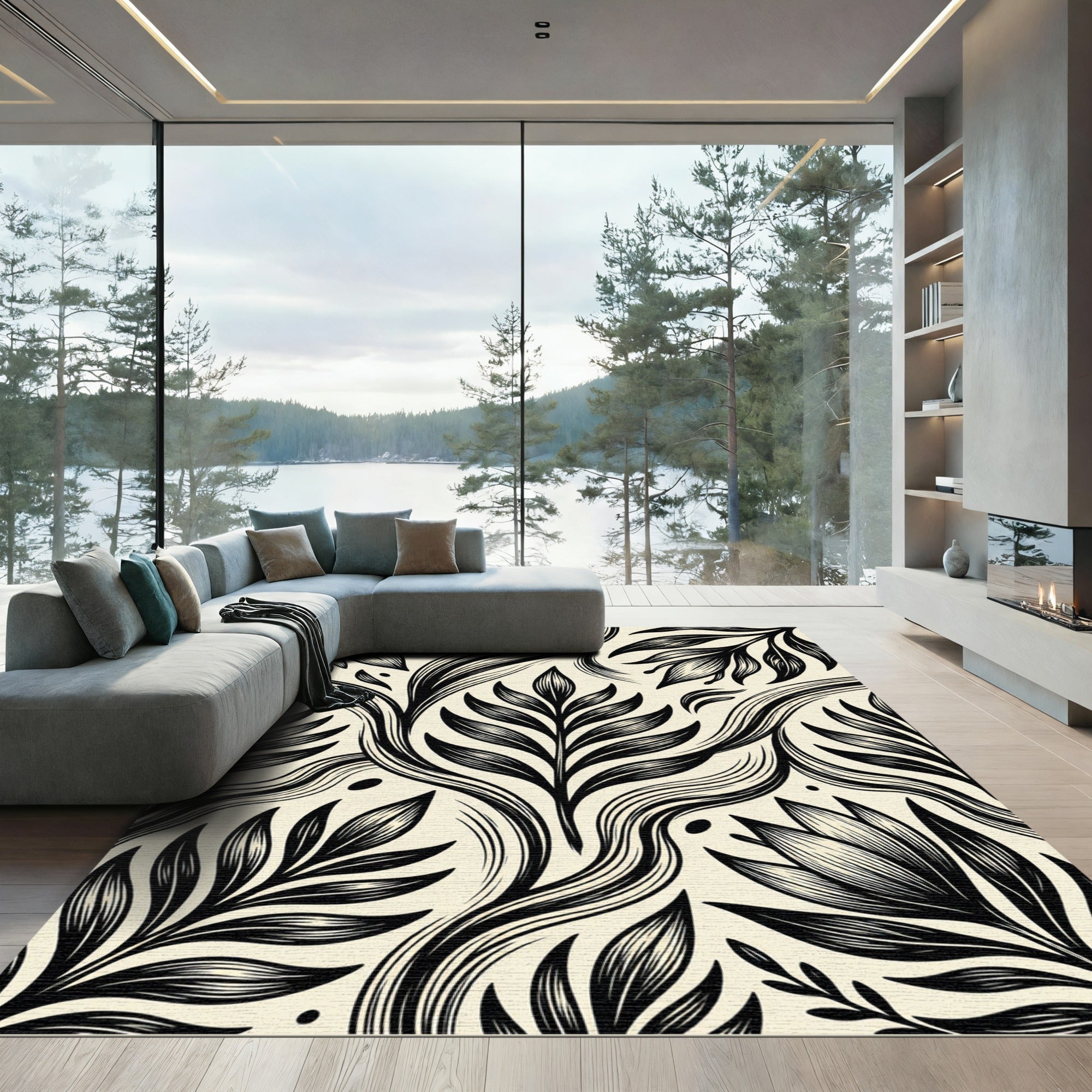 Bold Black Botanical Floral Swirls Rug