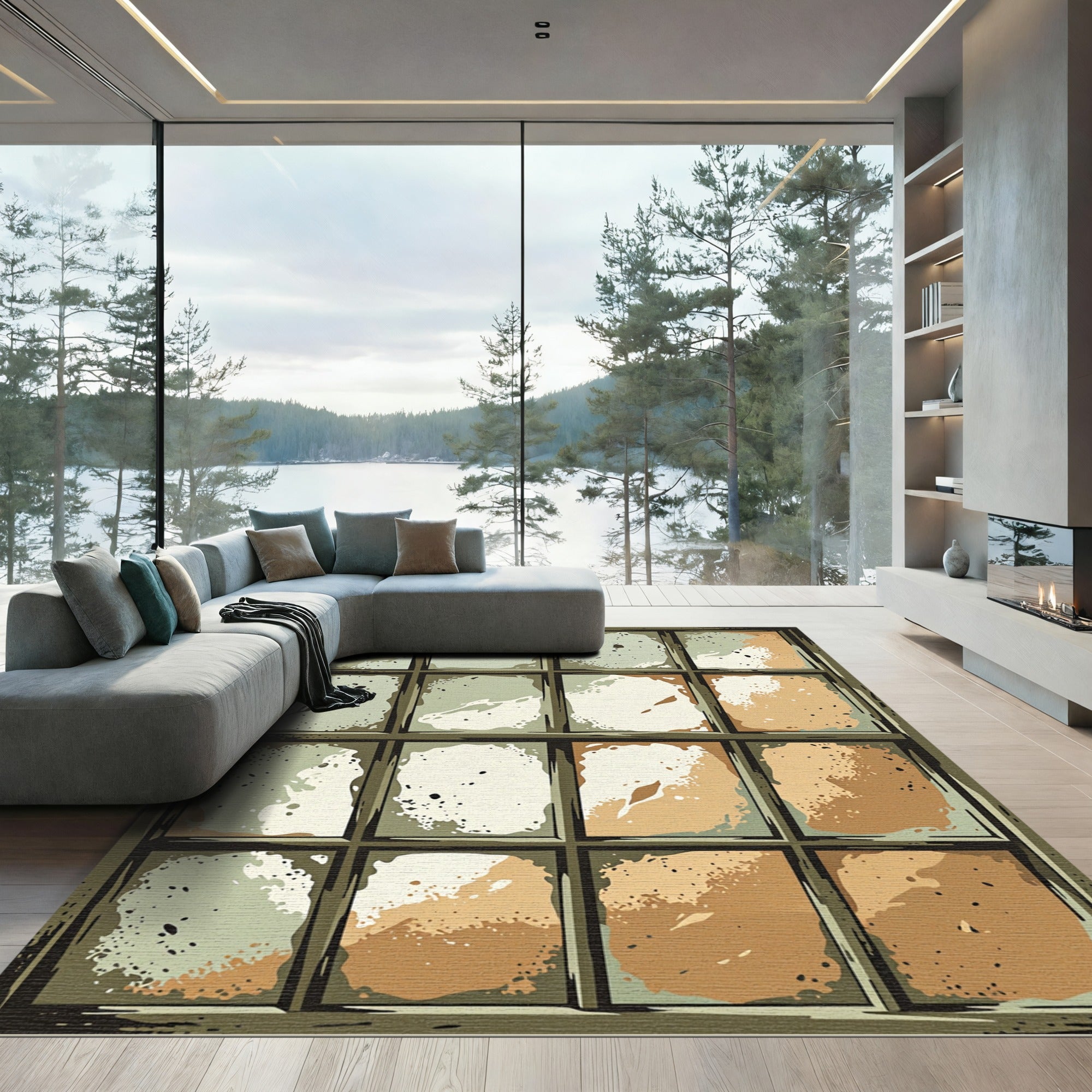Earthy Tones Grungy Panel Arrangement Rug