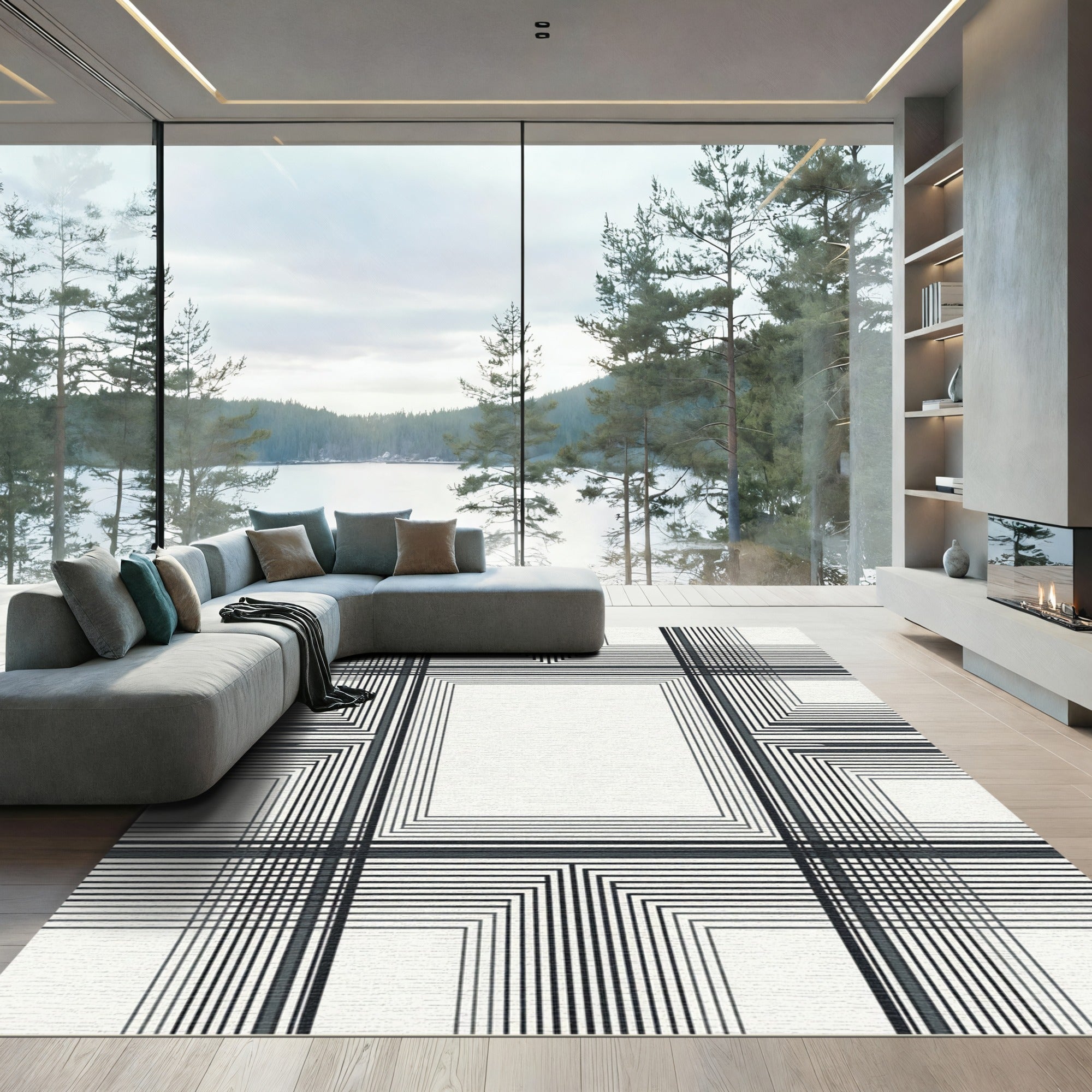 Monochrome Geometric Lines Composition Rug