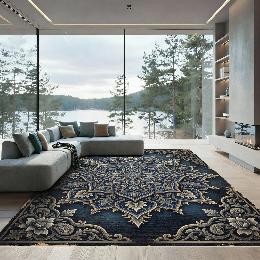 Ornate Navy Blue Floral Mandala Medallion Rug