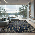 Ornate Navy Blue Floral Mandala Medallion Rug