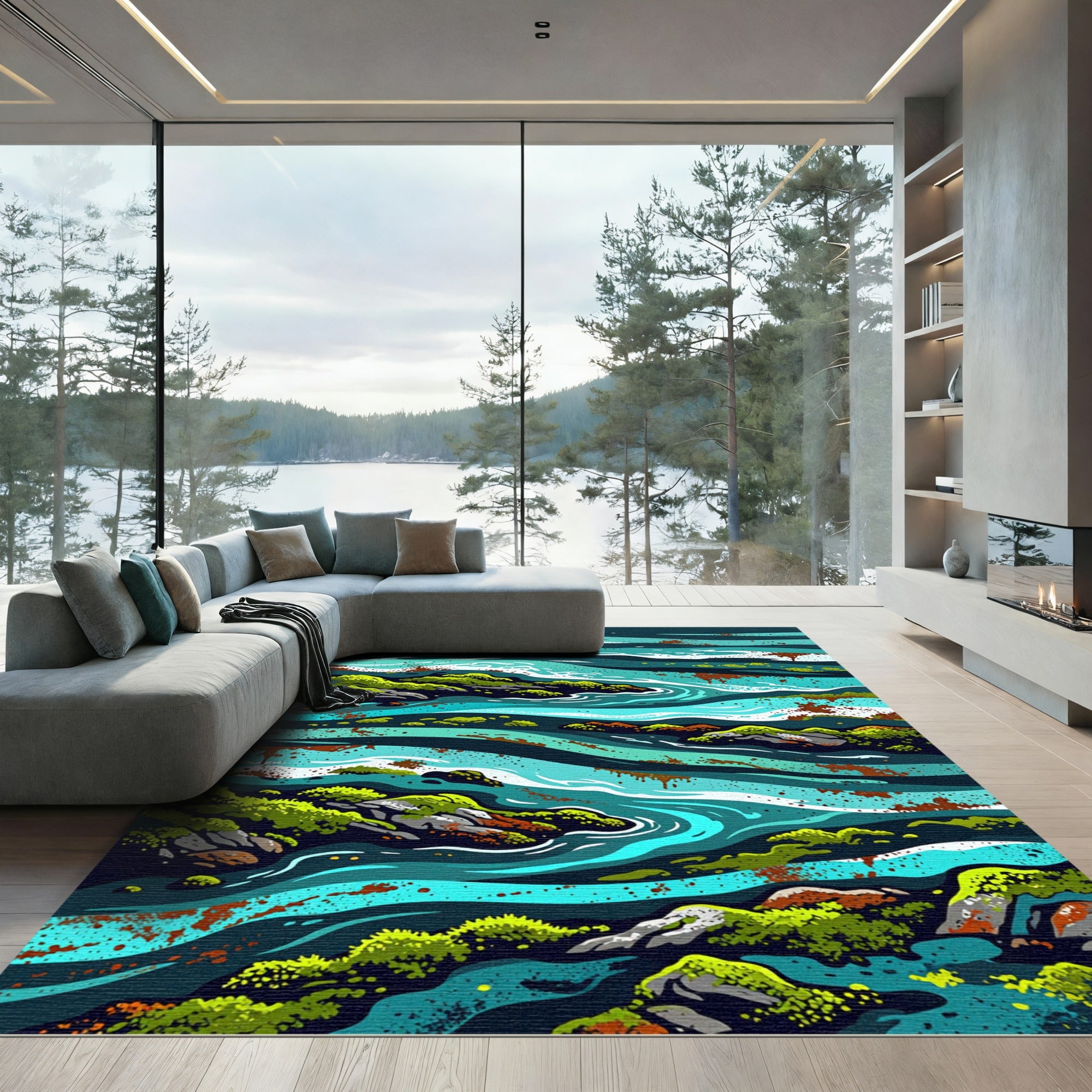 Abstract Teal Landscape River Rug