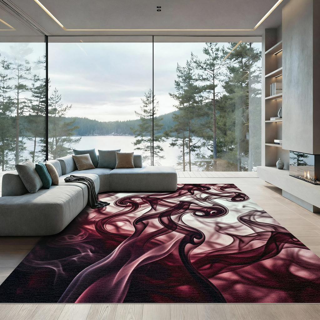 Ethereal Deep Burgundy Abstract Smoke Swirl Rug