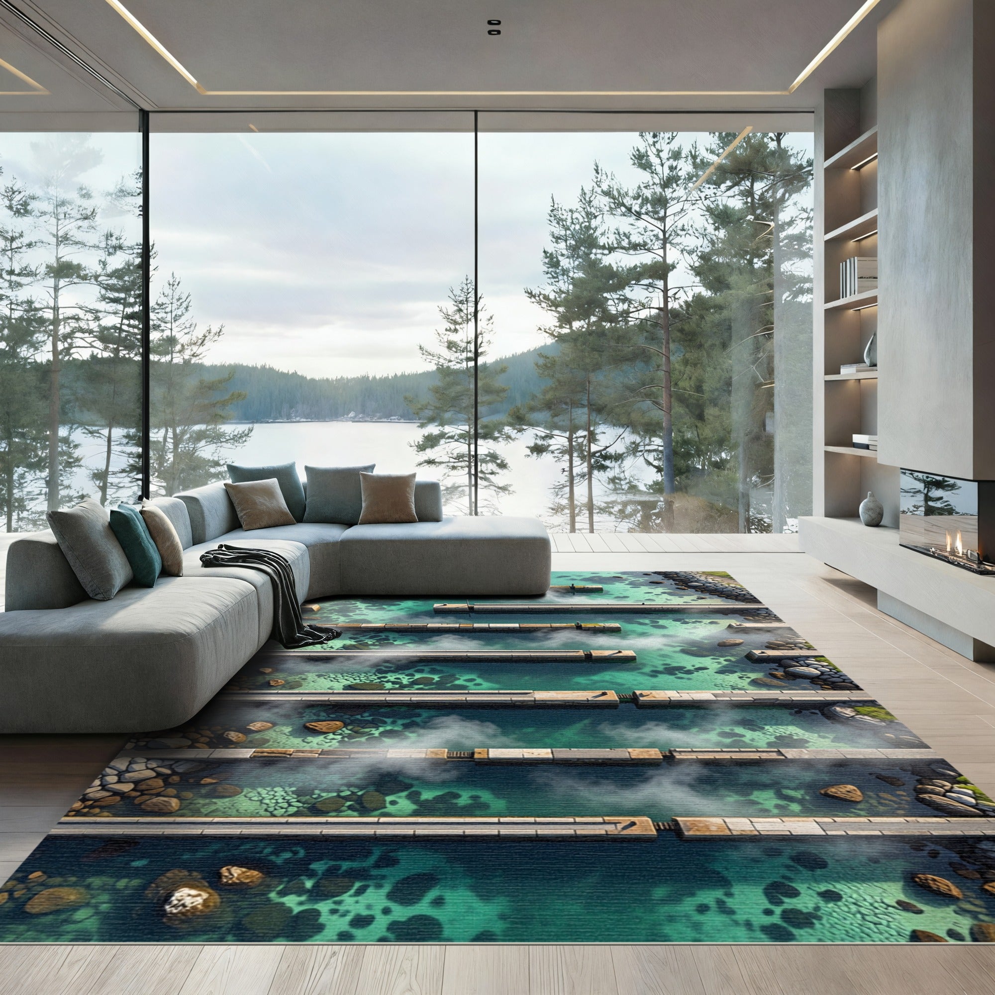 Ethereal Teal Stone Pier Abstract Ripple Rug