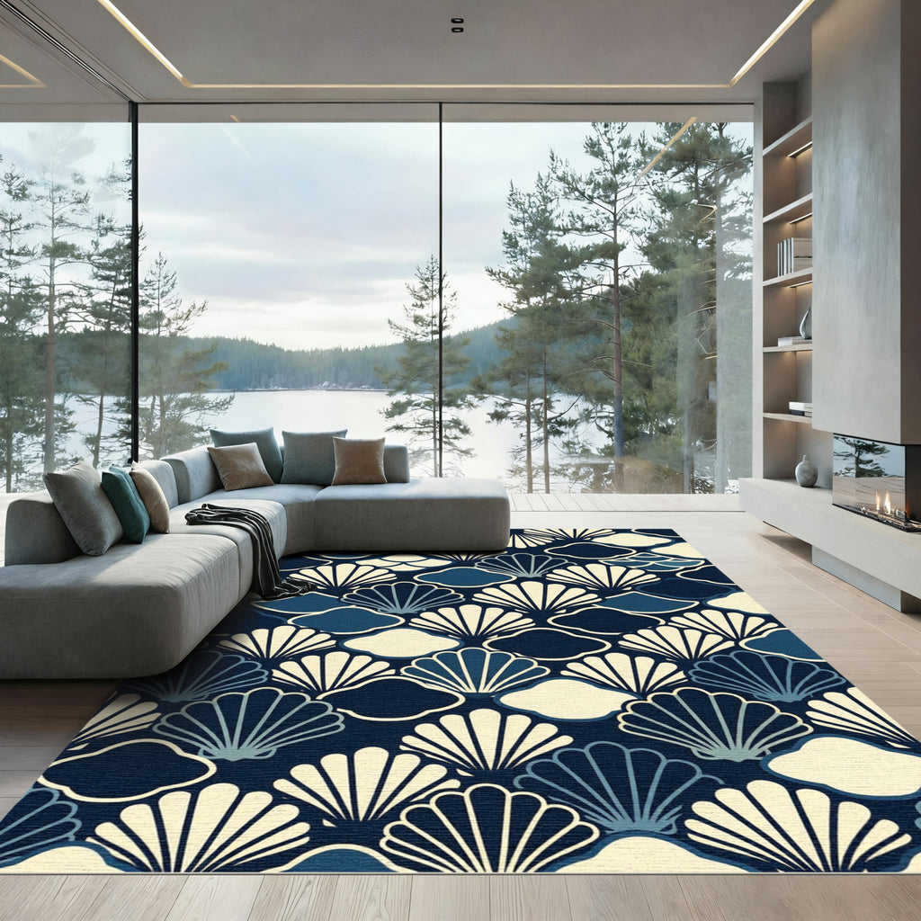Navy Coastal Seashell Japanese Wave Art Rug