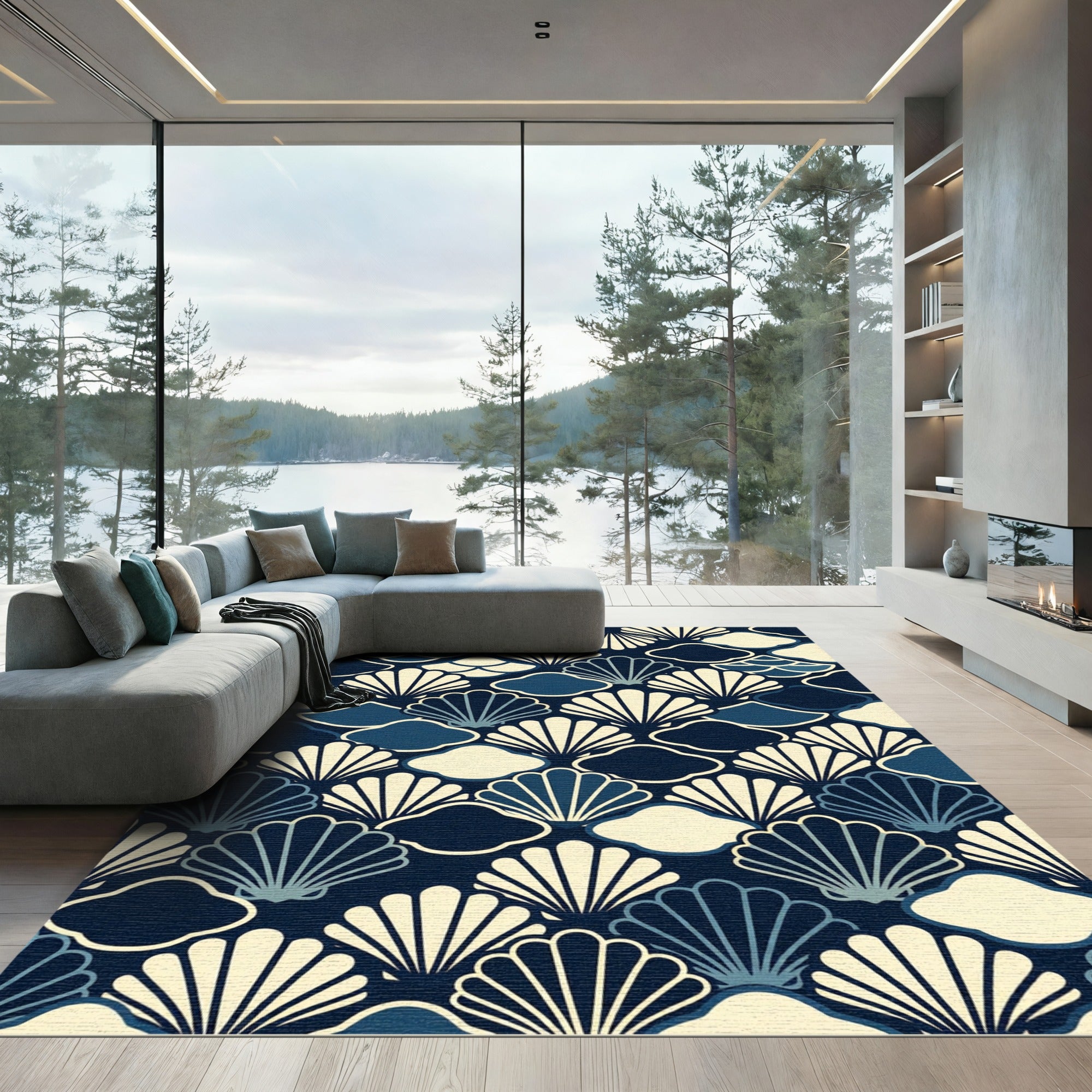 Navy Coastal Seashell Japanese Wave Art Rug