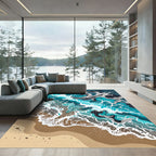 Abstract Turquoise Ocean Wave Shoreline Art Rug