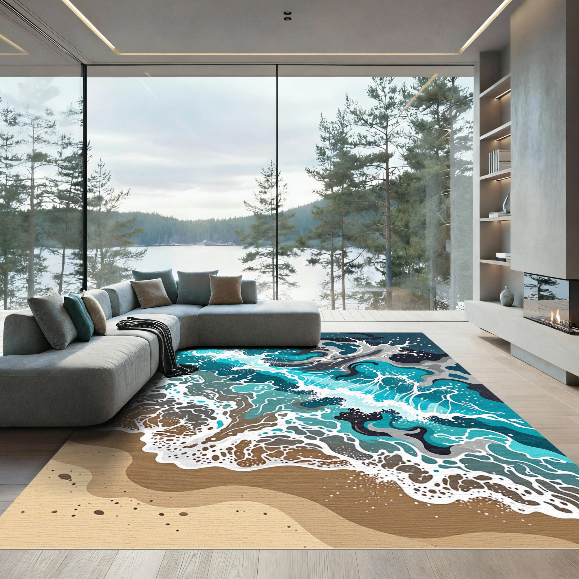 Abstract Turquoise Ocean Wave Shoreline Art Rug