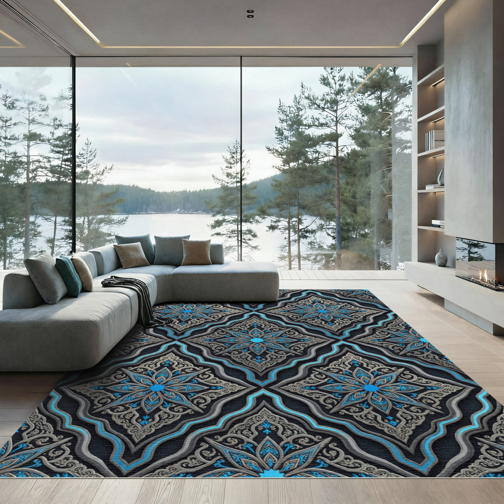 Azure Silver Ornate Damask Medallion Rug