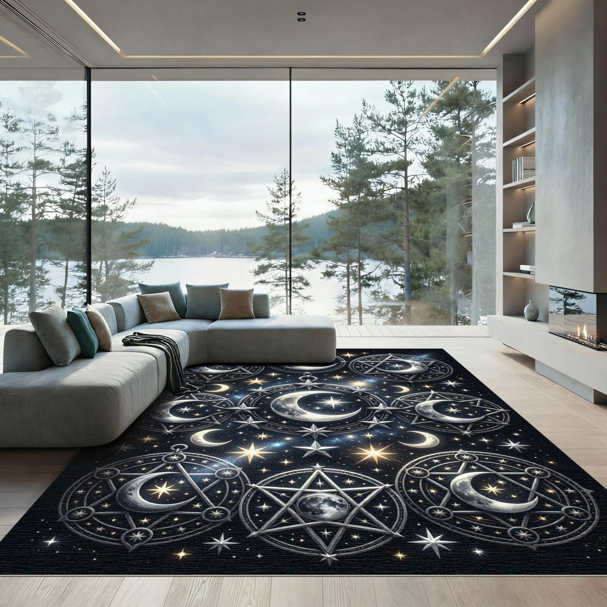 Celestial Silver Moon and Star Medallion Rug