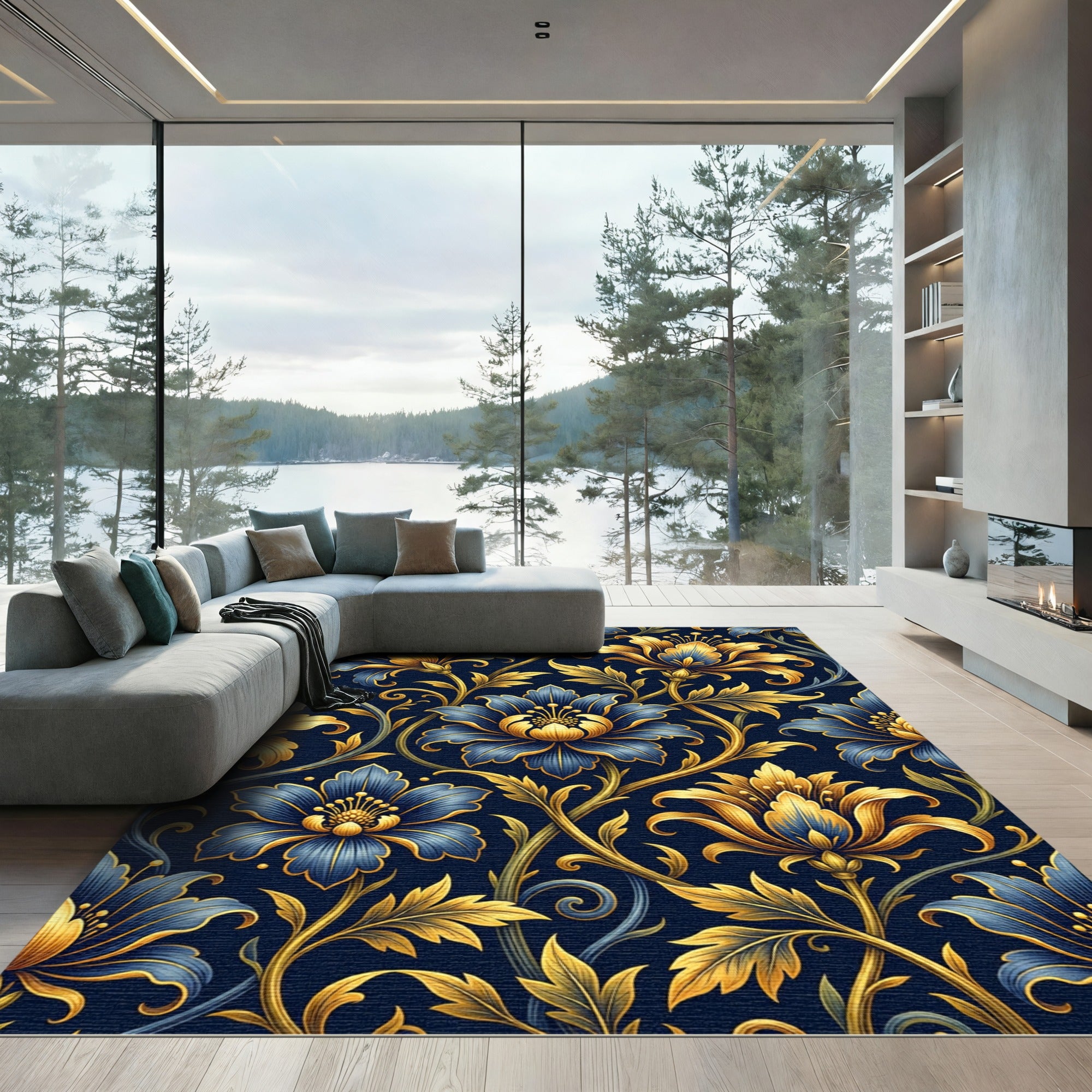 Golden Floral Bloom Navy Botanical Rug