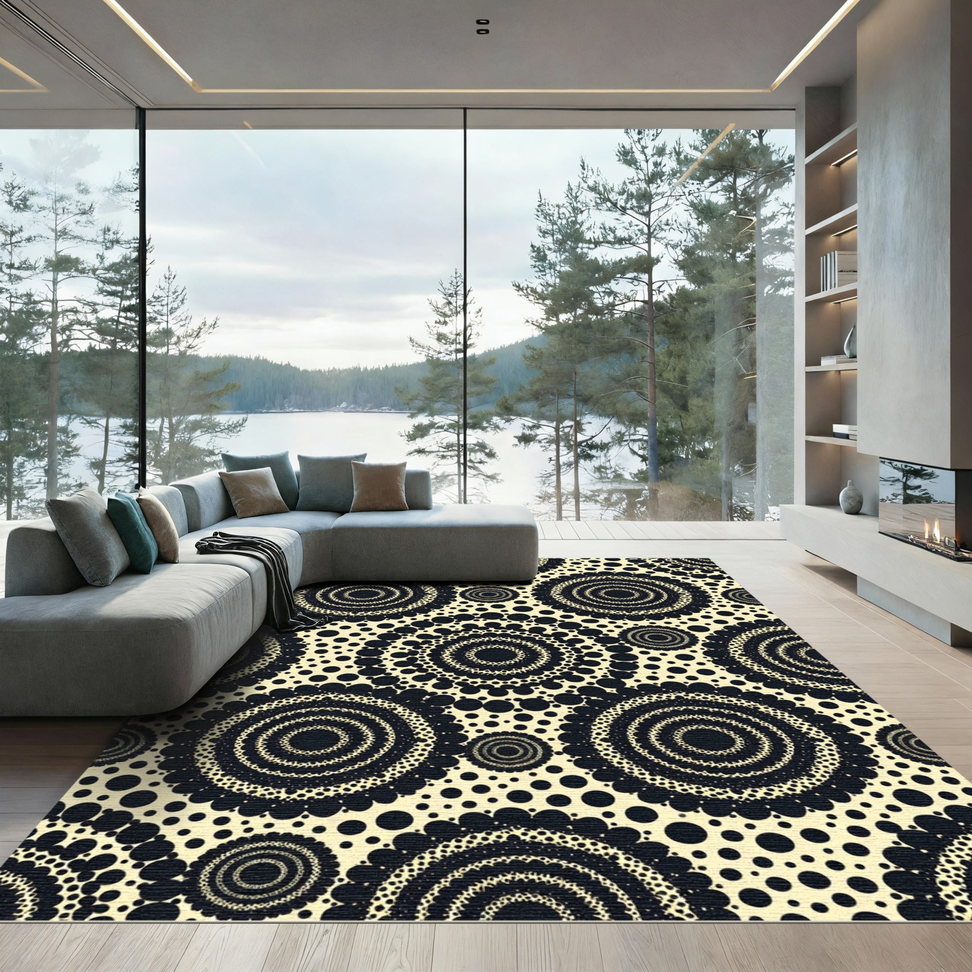 Cream Black Radial Sunburst Rug