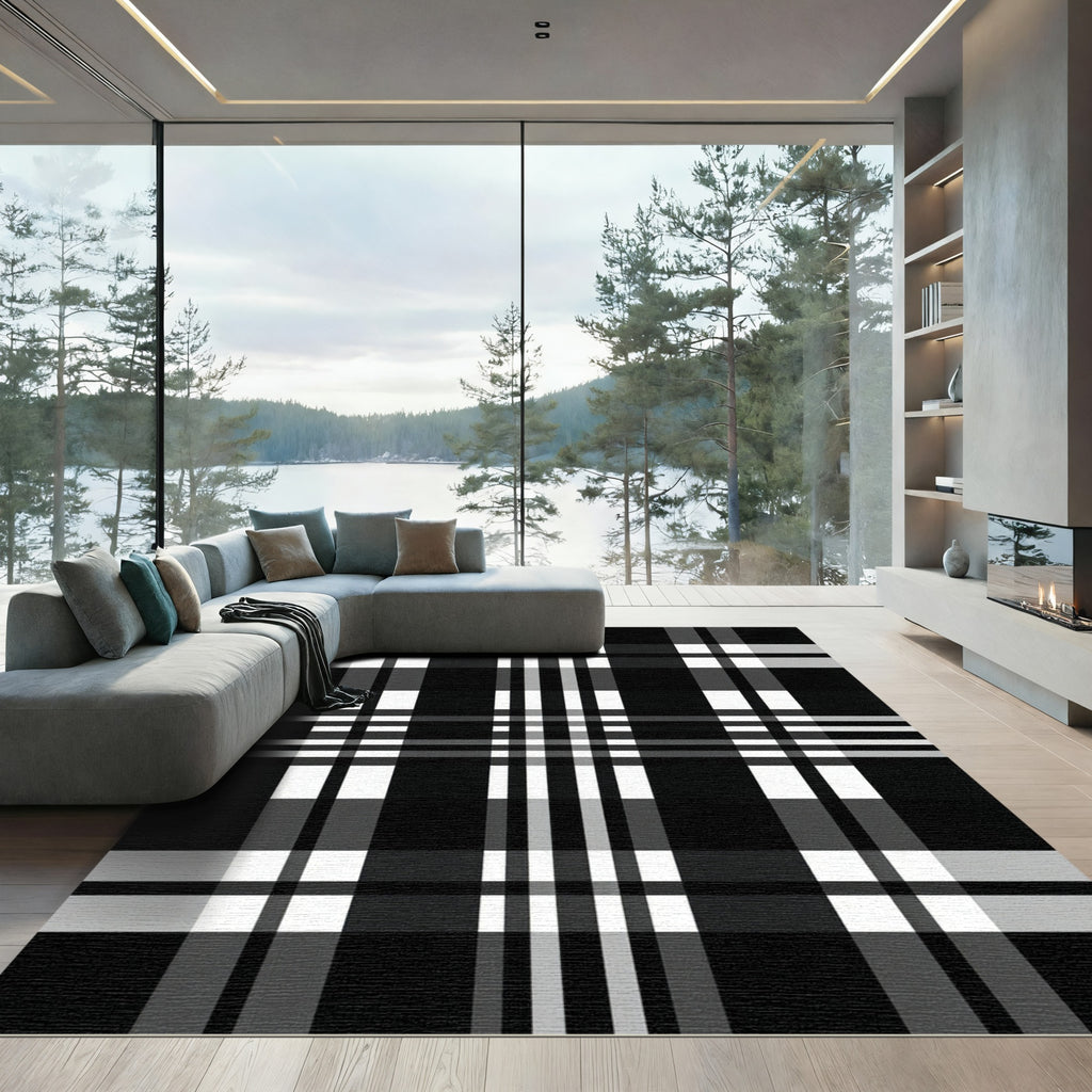 Classic Black White Plaid Stripes Rug