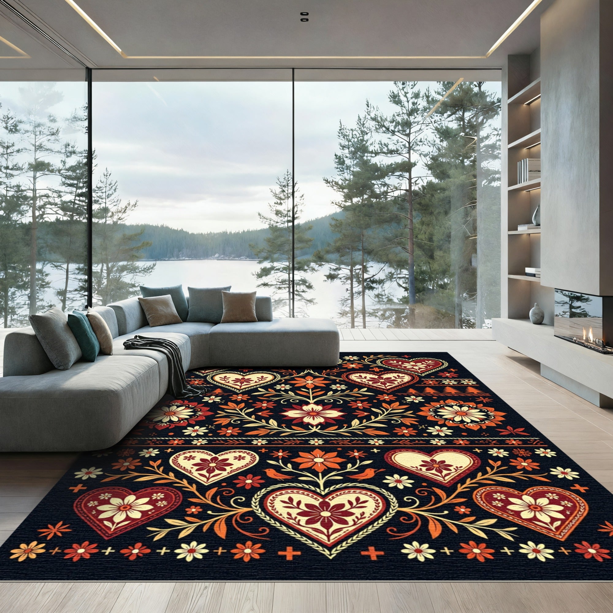 Crimson Ivory Folk Heart Floral Garden Rug
