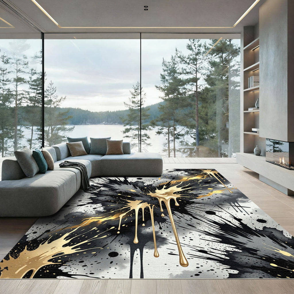 Black and Gold Abstract Ink Splash Rug