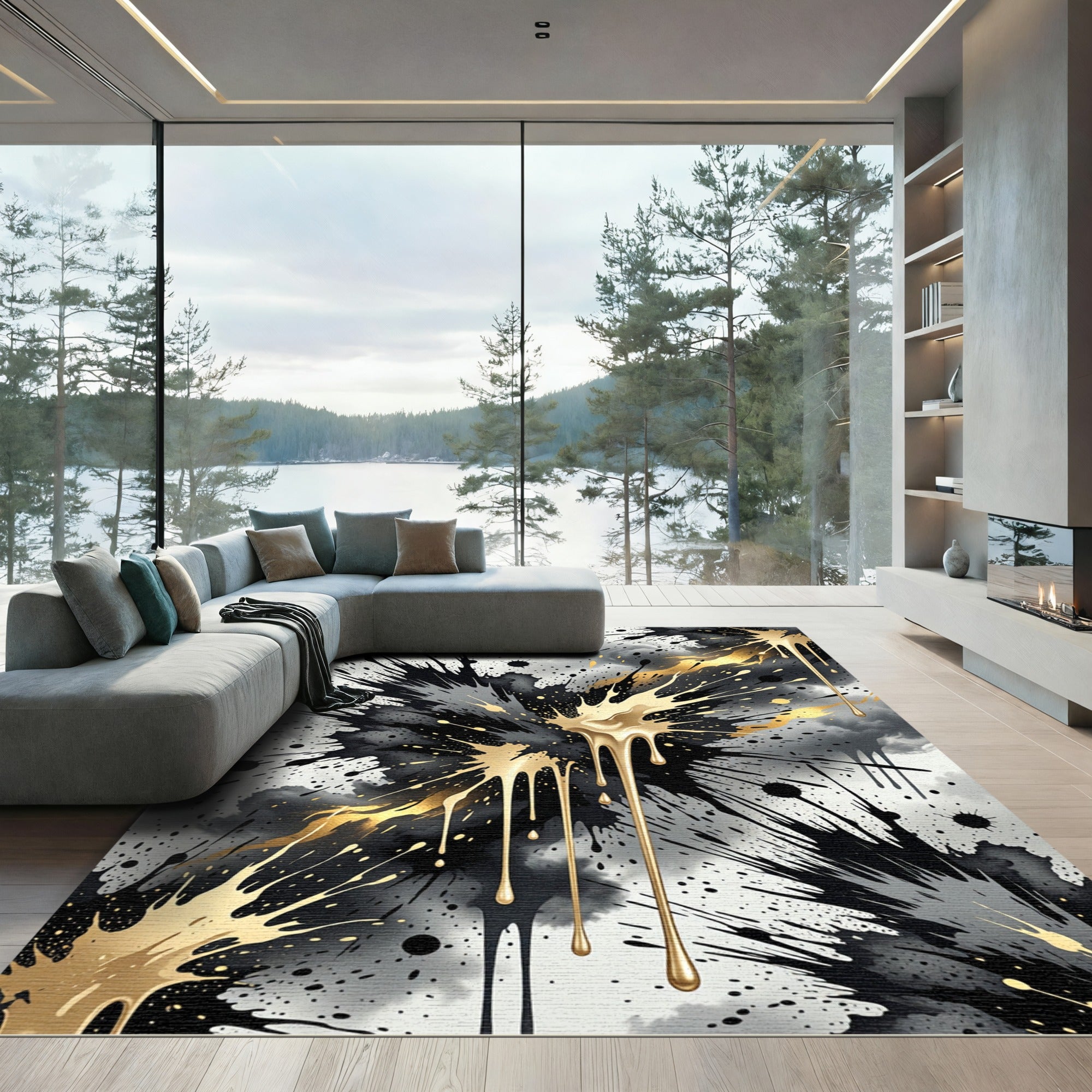 Black and Gold Abstract Ink Splash Rug