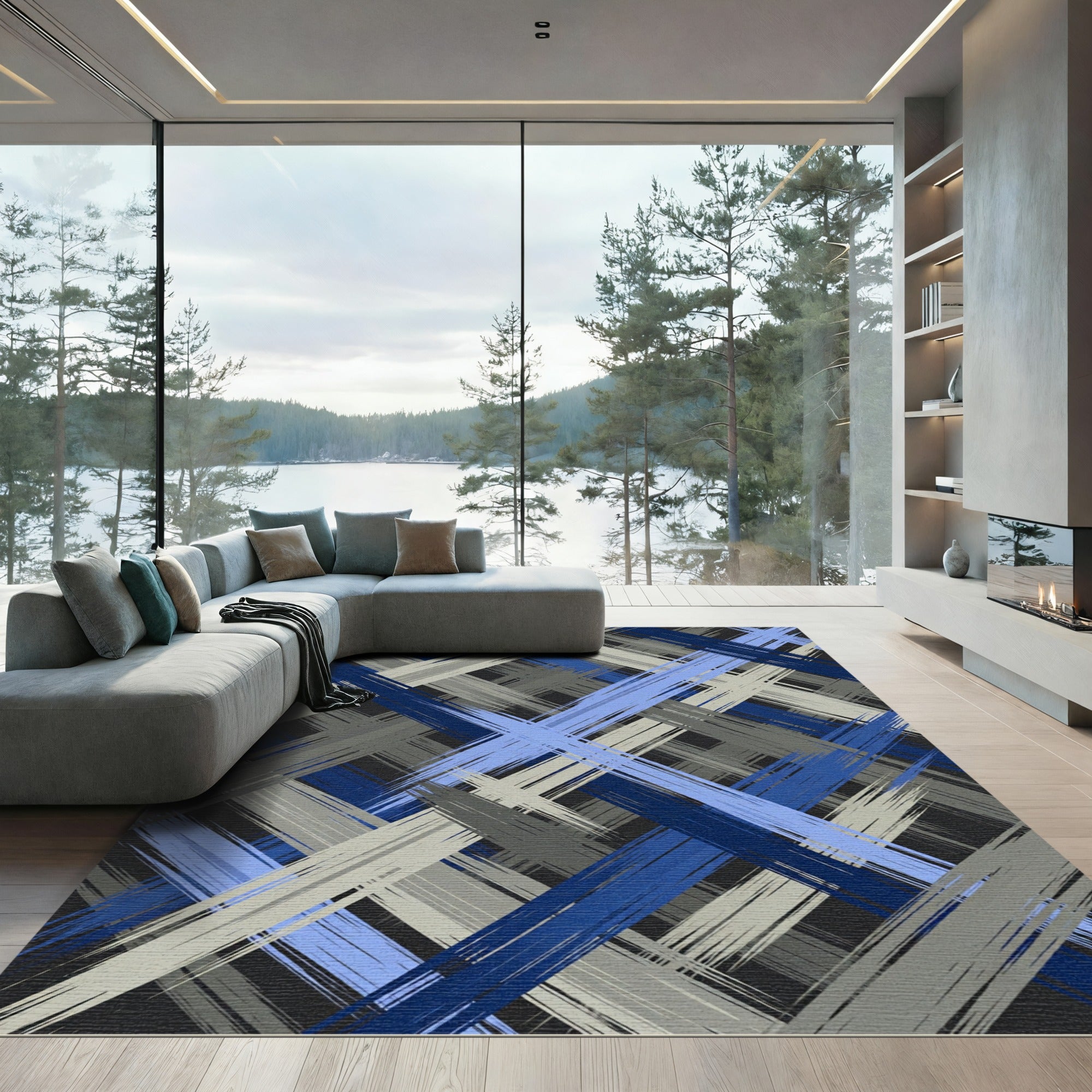 Abstract Blue Gray Plaid Brushstrokes Rug