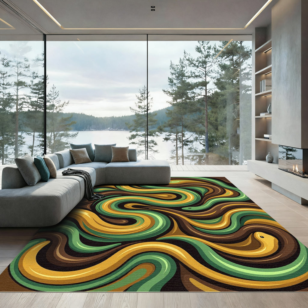 Swirling Ocher and Forest Green Serpents Rug