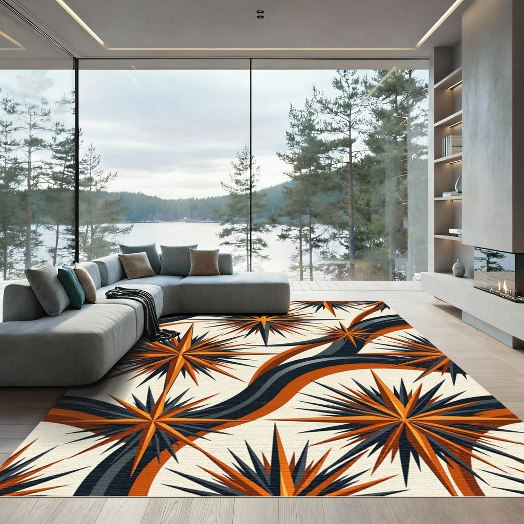 Retro Orange and Charcoal Starry Wave Rug