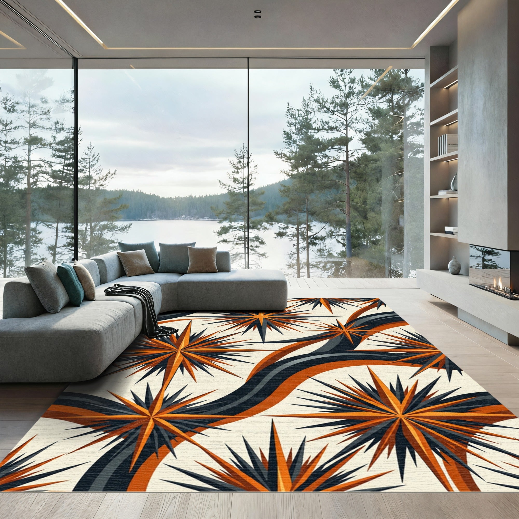 Retro Orange and Charcoal Starry Wave Rug