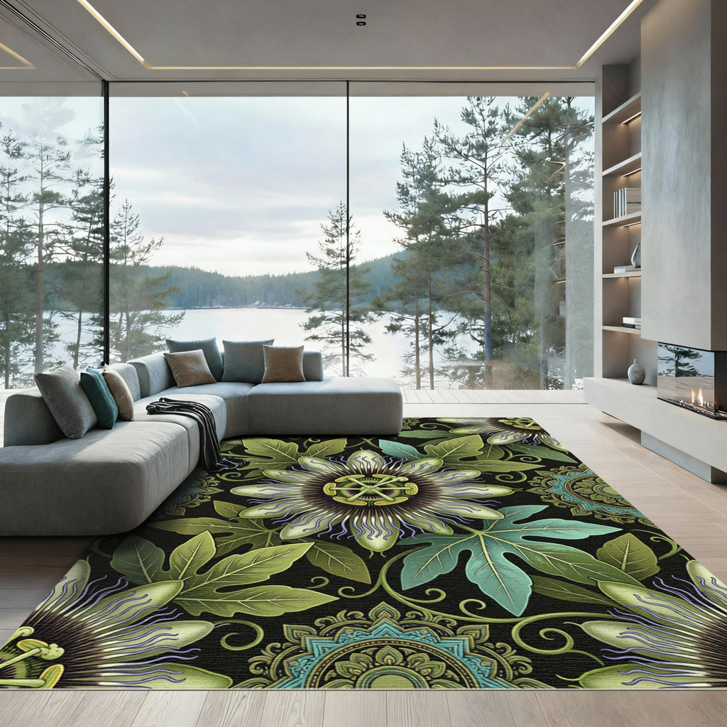 Lush Green Passion Flower Medallion Rug