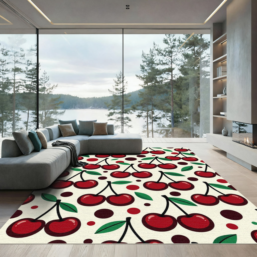 Playful Red Cherry Dot Fruit Illustration Rug