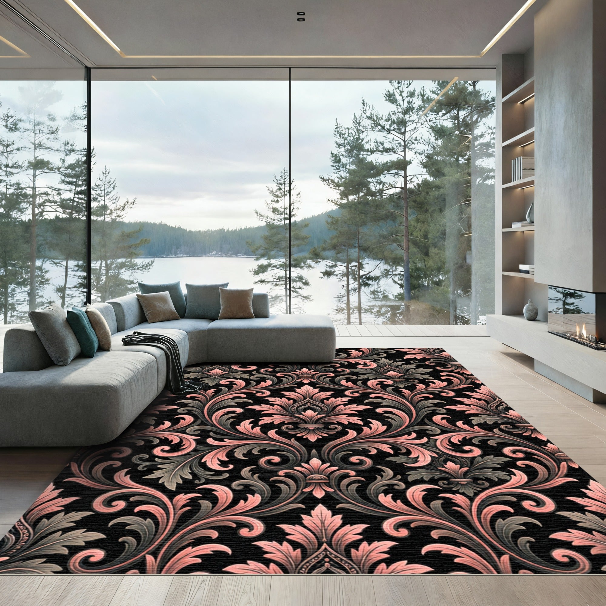 Blush and Charcoal Baroque Damask Rug