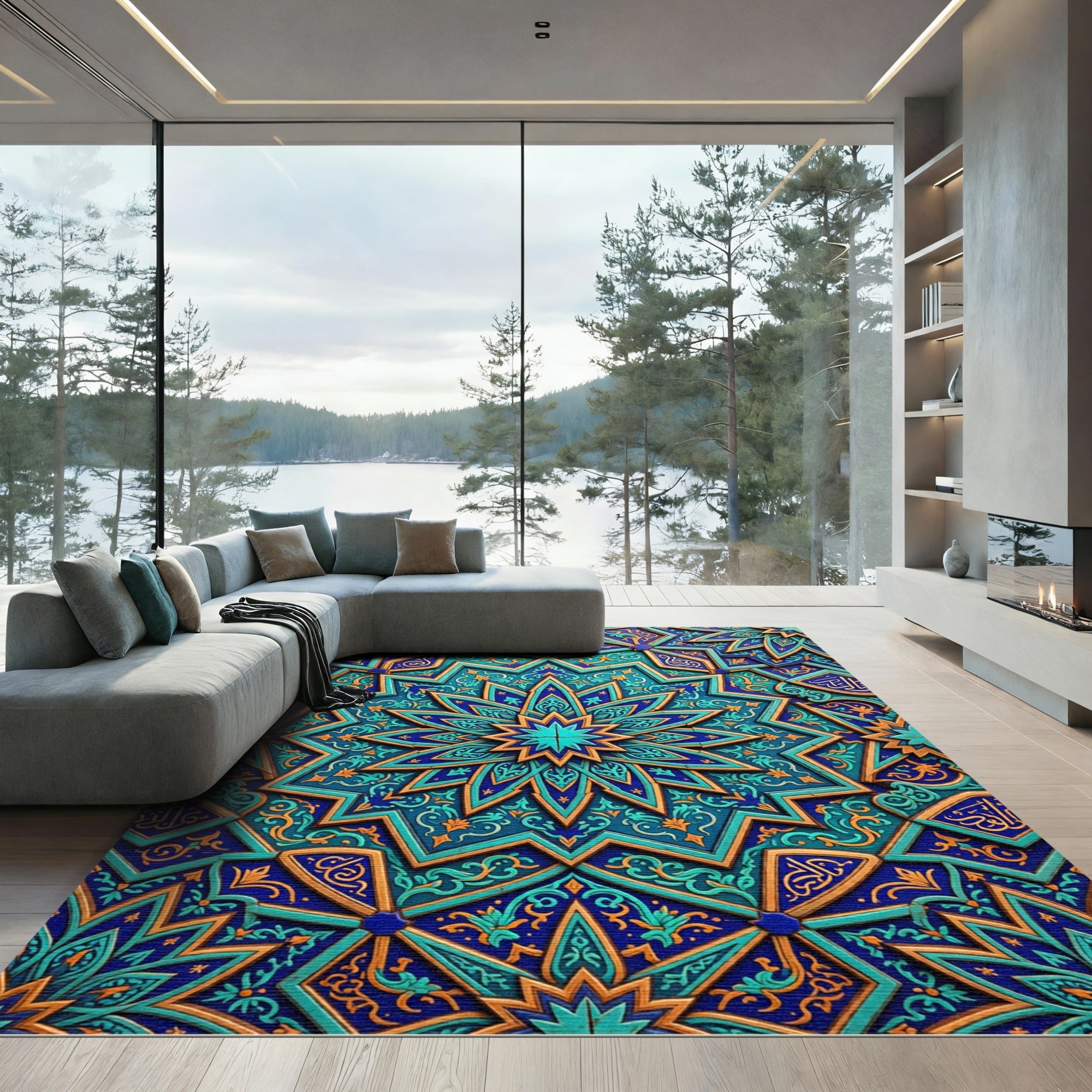 Azure Teal Star Geometric Mosaic Rug
