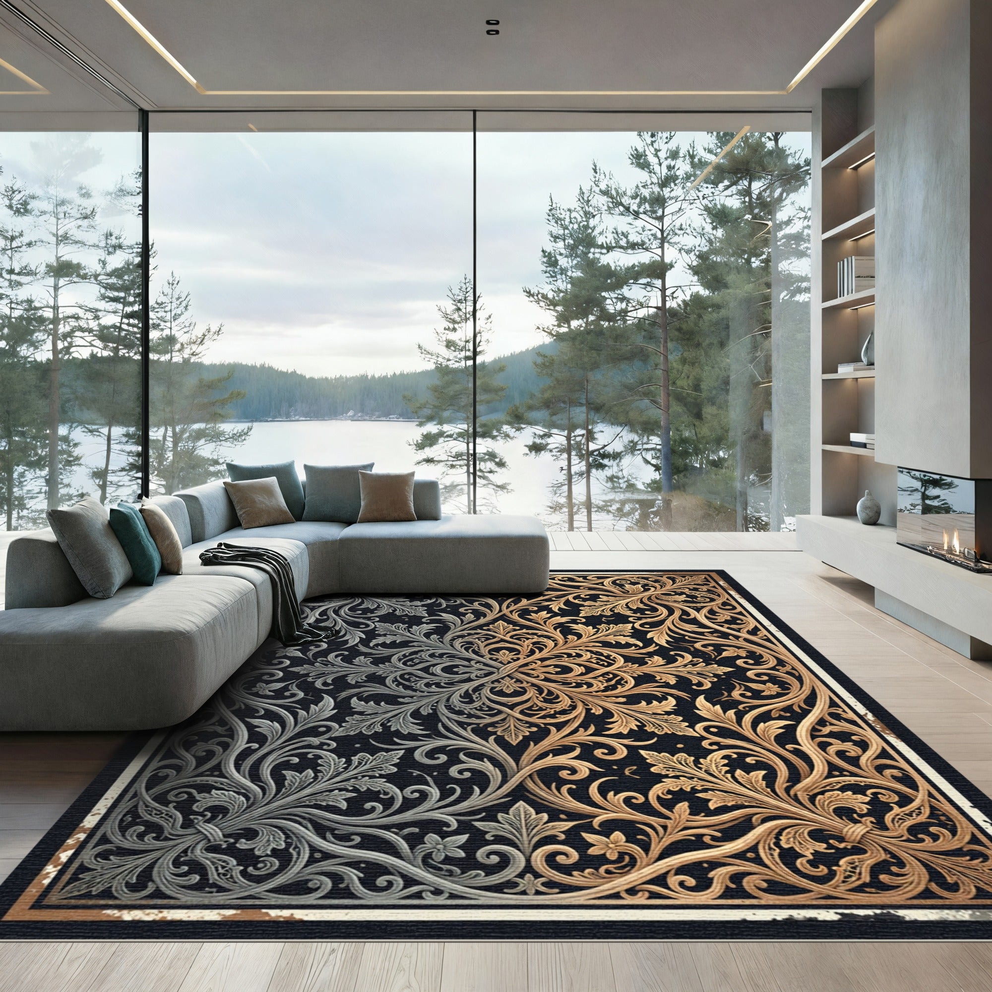 Elegant Silver and Gold Filigree Medallion Rug