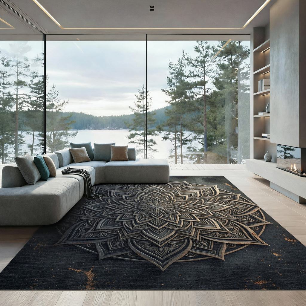 Metallic Silver Ornate Floral Mandala Rug