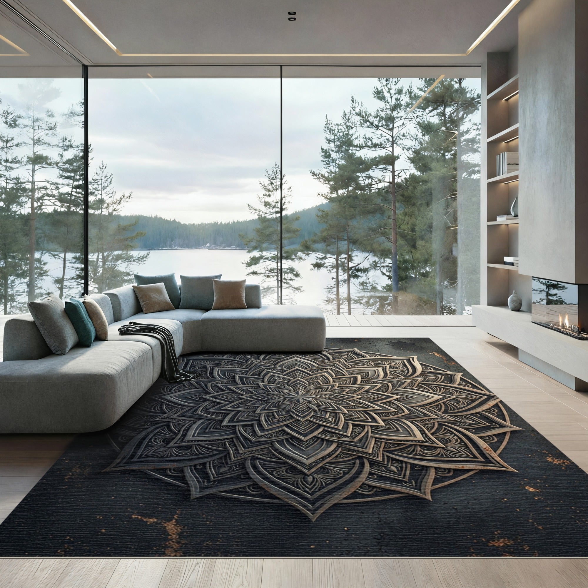 Metallic Silver Ornate Floral Mandala Rug