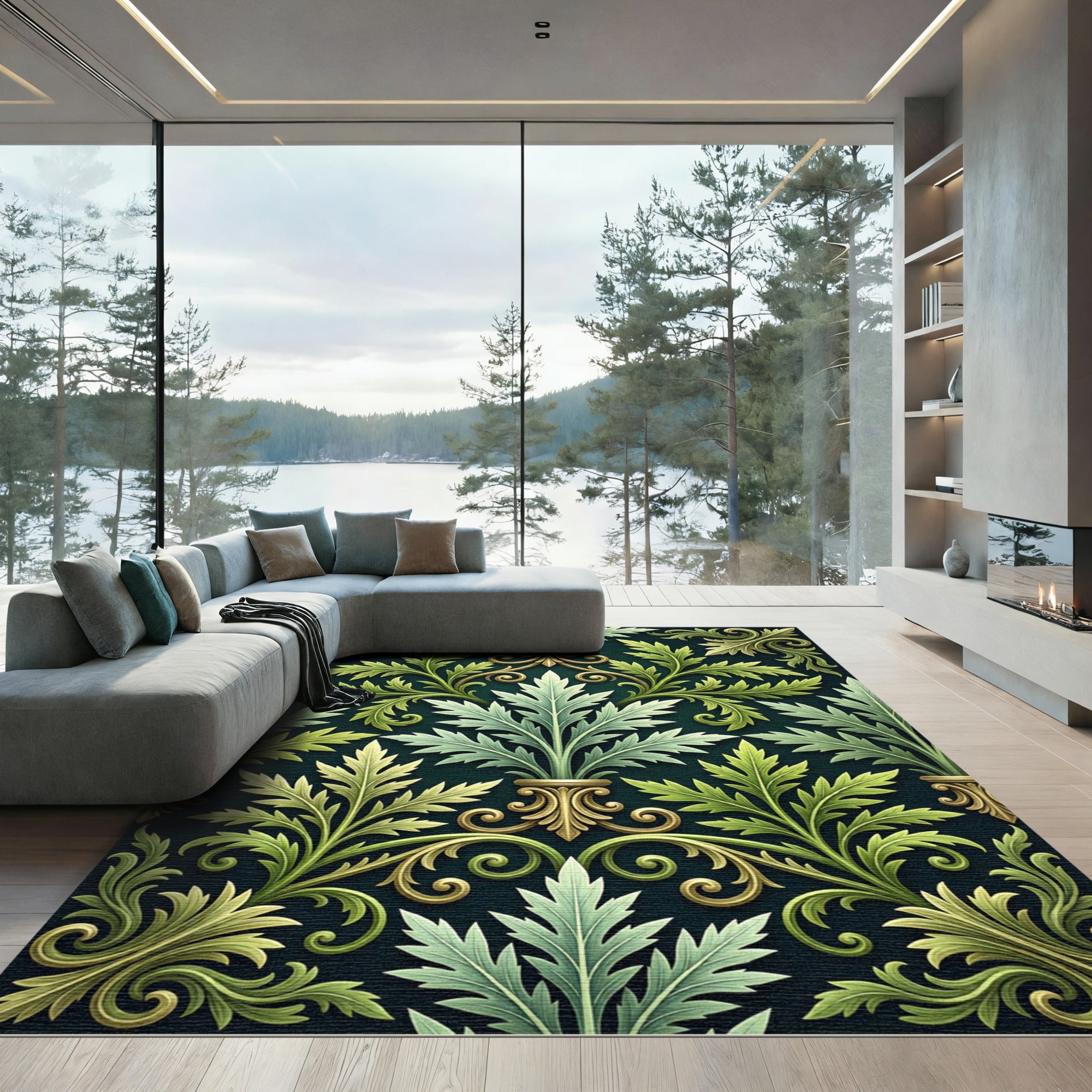 Verdant Gold Acanthus Leaf Scroll Rug