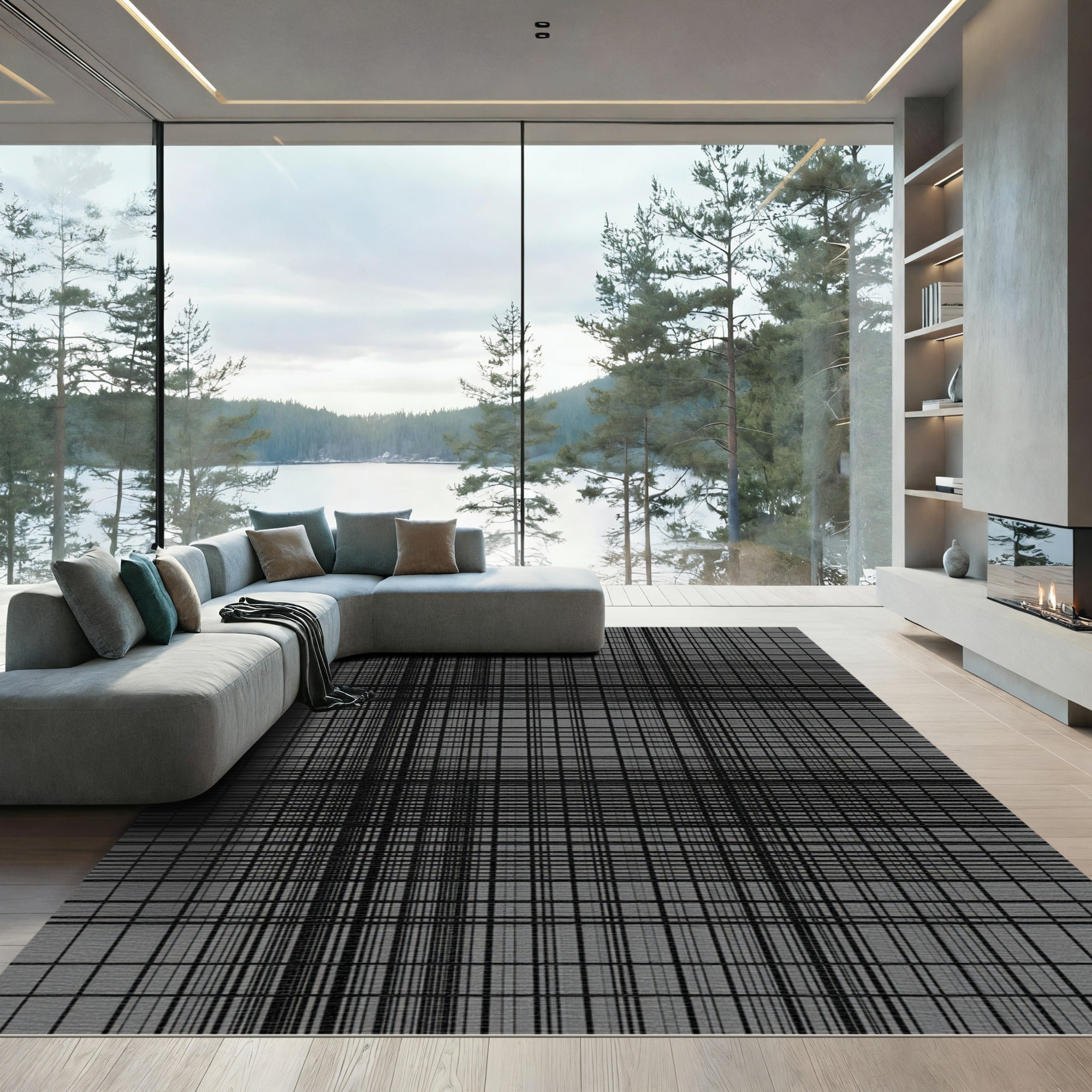 Modern Gray Abstract Grid Rug
