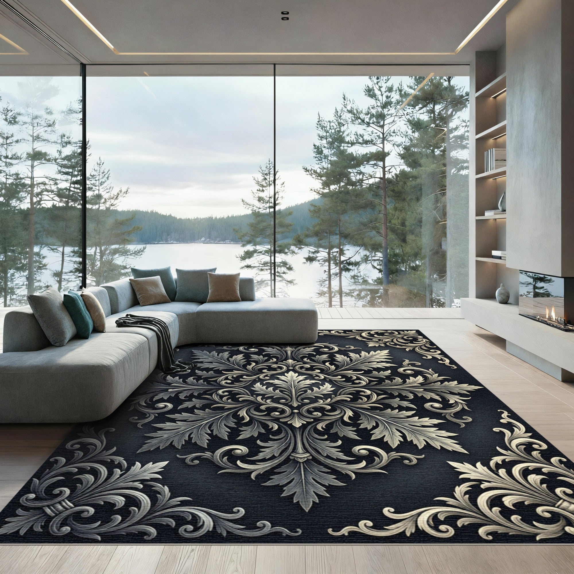 Ornate Silver Acanthus Leaf Medallion Rug