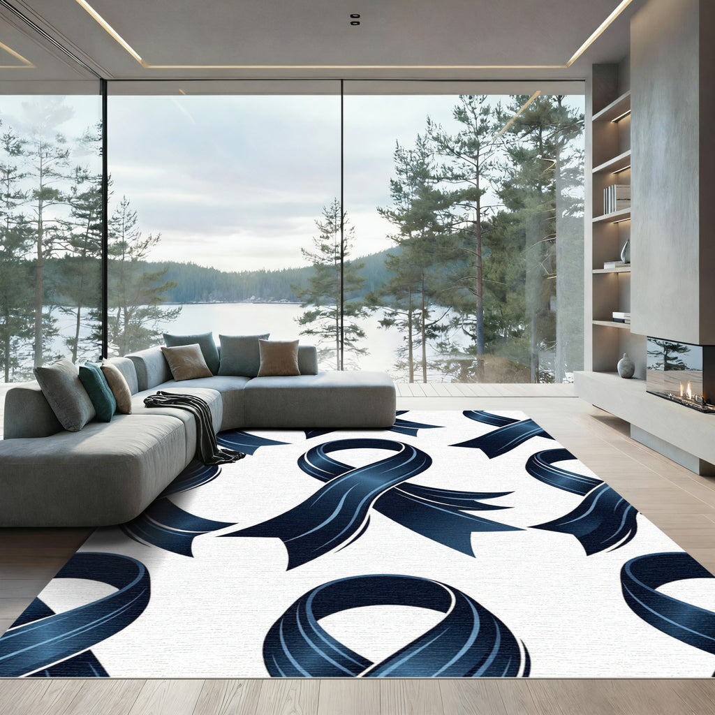 Elegant Navy Blue Ribbon Scroll Art Rug