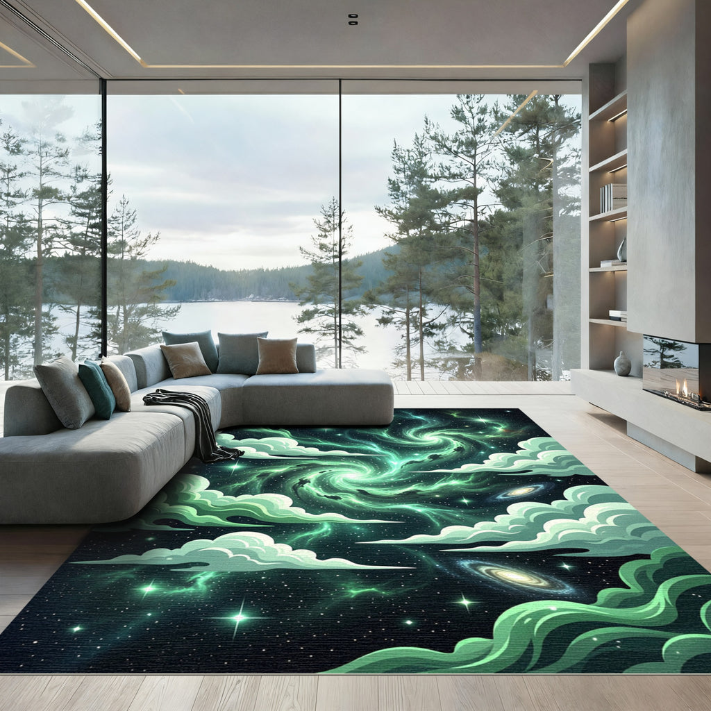 Ethereal Green Celestial Nebula Galaxy Swirl Rug
