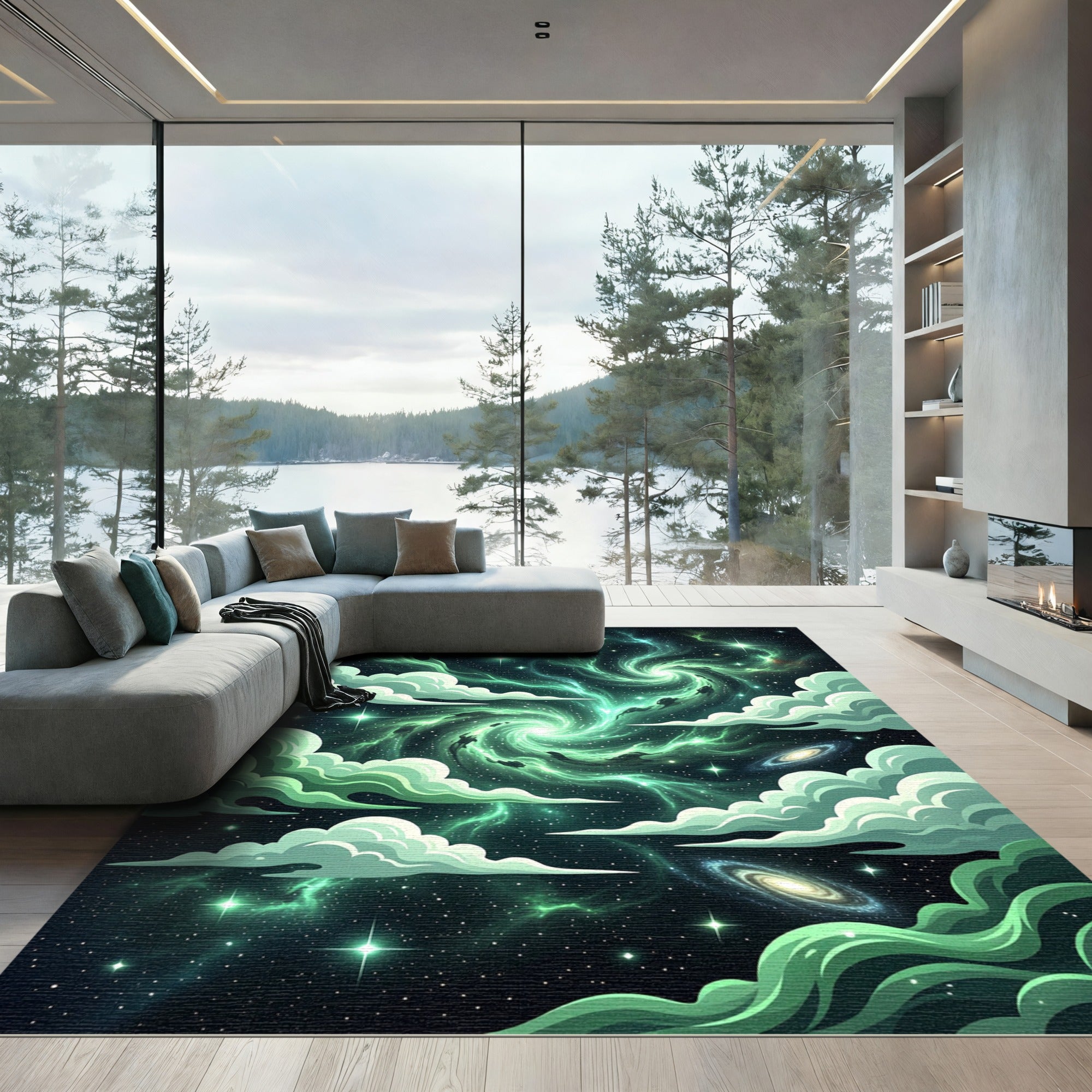 Ethereal Green Celestial Nebula Galaxy Swirl Rug