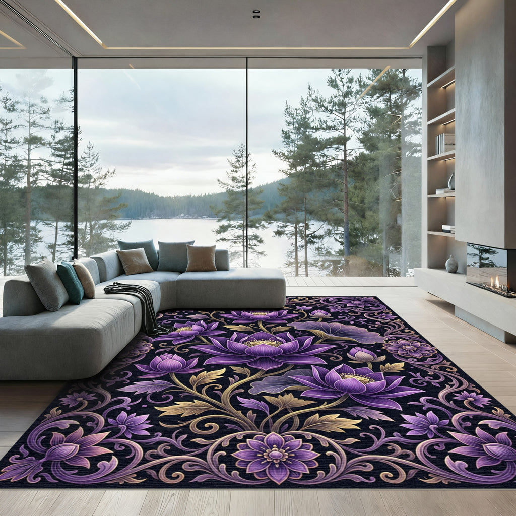 Deep Purple Lotus Floral Scroll Rug